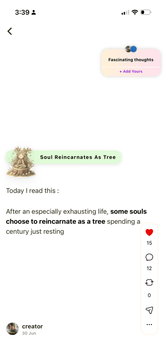 A published post with its generated sticker on Ithaka