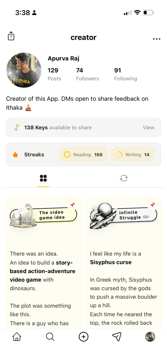 An Ithaka profile with 138 access keys available to share